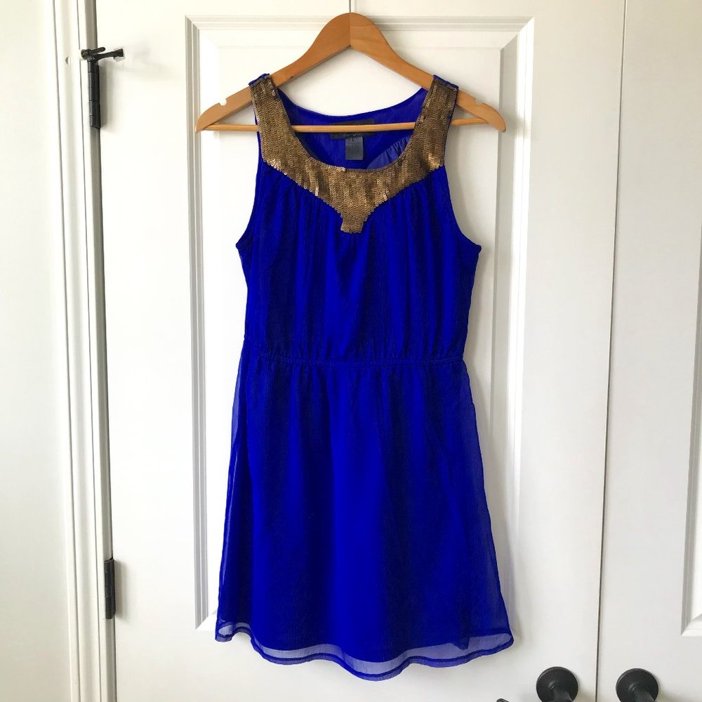 Blue Mini Dress with Gold Sequin Collar
